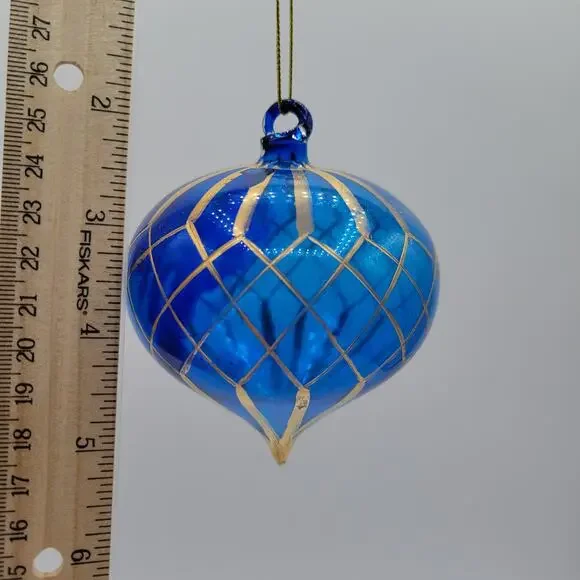 Vintage Blown Blue Glass Bulb with Gold Foiling Christmas Ornament - Picture 2 of 3